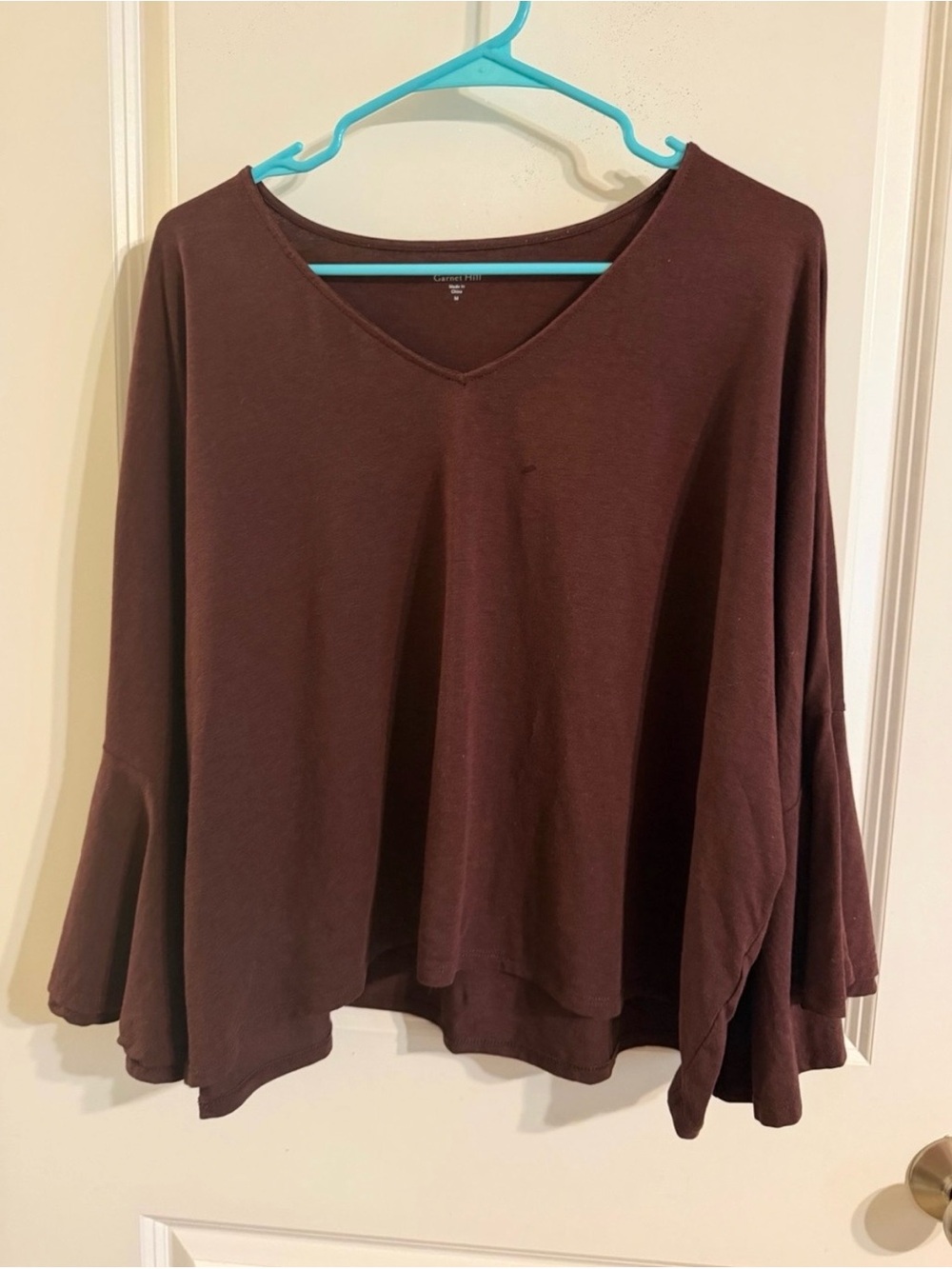 Garnet Hill Women's V-Neck Bell Sleeve Top in Deep Wine size M